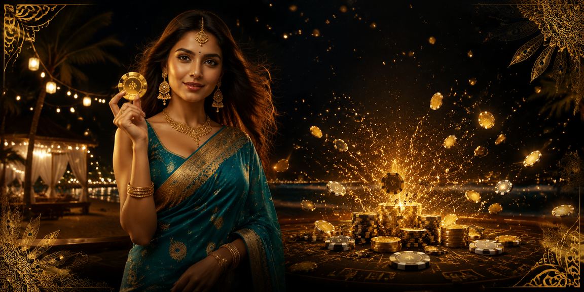 Woman enjoying online cricket betting on mobile in traditional attire